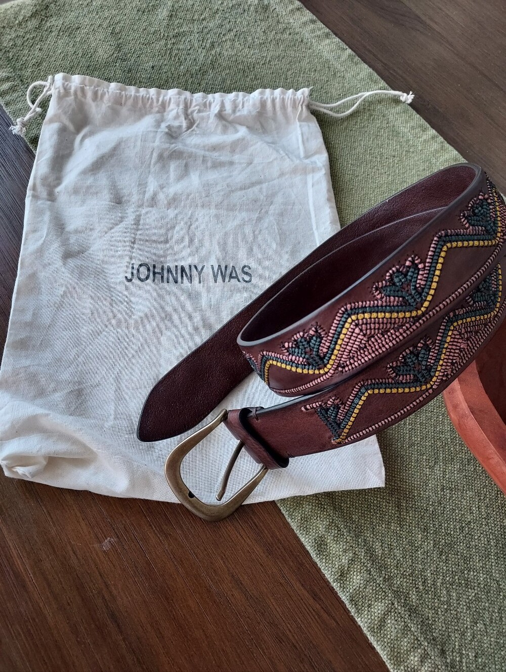 Johnny Was Brown Leather Belt with Multicolor Embroidery New Never Worn